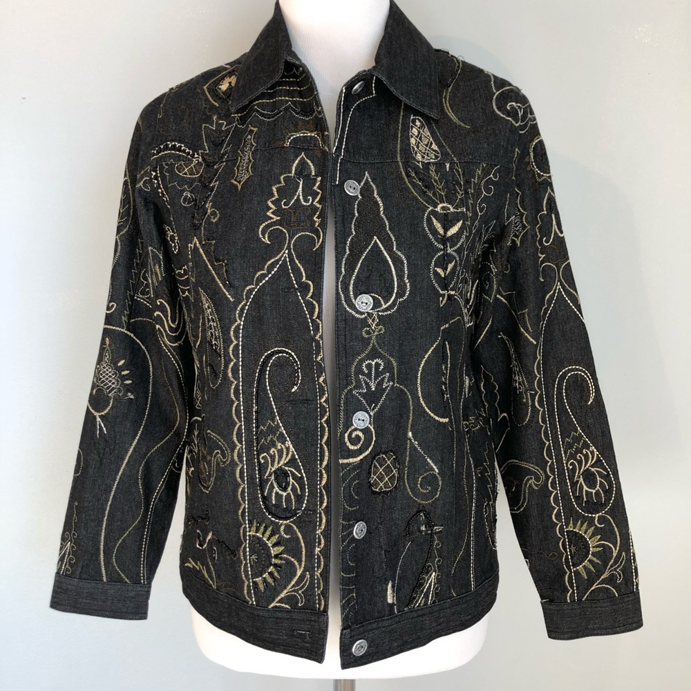 Laura Ashley Black Beaded Whimsigoth Embroidered Denim Jacket, Small Petite